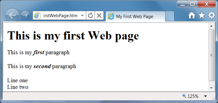 First Web Page as shown in the Browser